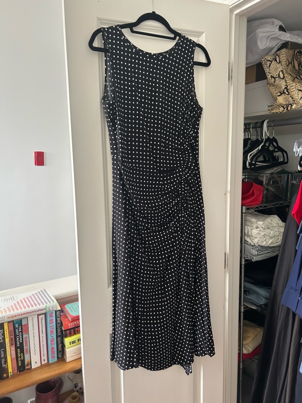 Madewell Black Polka Dot Sleeveless Midi Dress with side ruching, US6